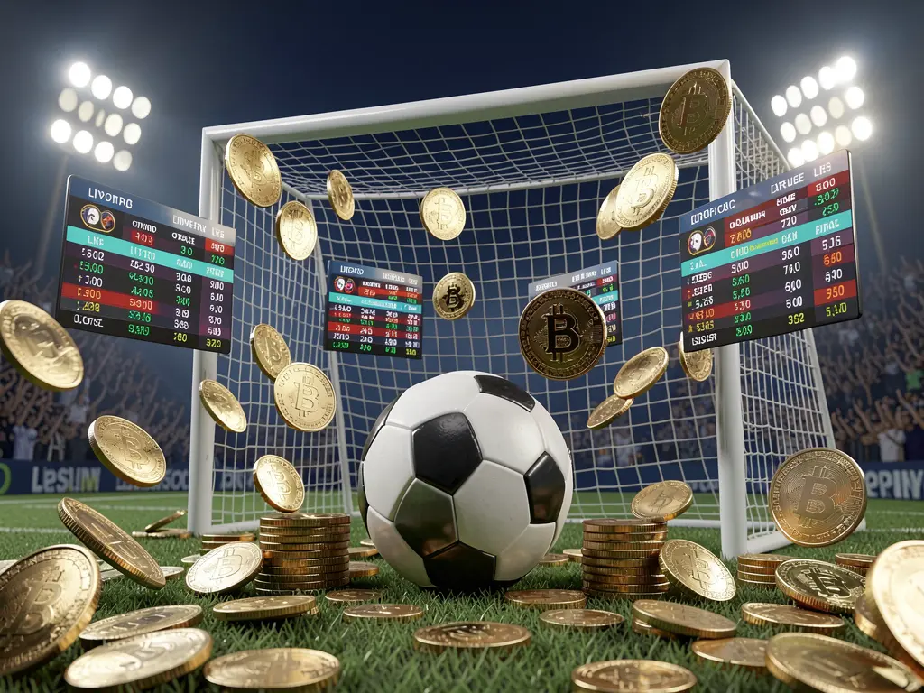 Realistic 3D render of a football goal net with a soccer ball, stadium lights, coins, and floating live score panels on a dark blue premium background, representing SCR99 sports betting