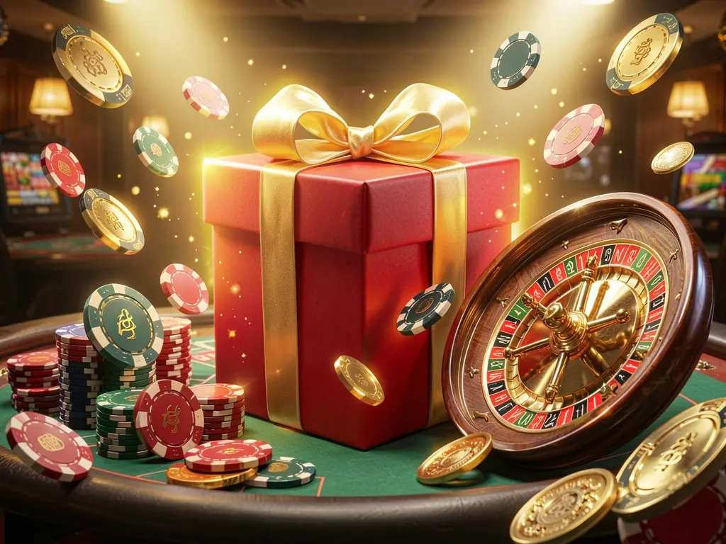 SCR99 welcome bonus visual featuring a glowing gift box, roulette wheel, poker chips, and flying coins in a festive casino atmosphere with cinematic lighting
