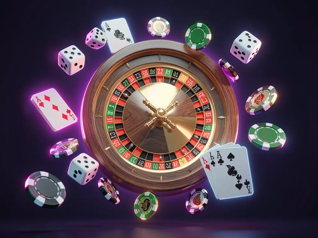 SCR99 online casino games collection featuring a neon-glowing roulette wheel, blackjack cards, dice, slot symbols, and poker chips floating together in a premium 3D render