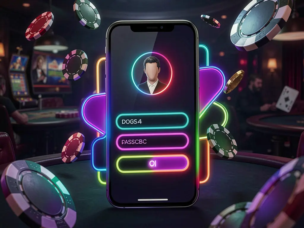 Mobile casino login screen on a phone with user profile and password fields shown as abstract UI shapes, neon glow effects, chips and coins flying around in a dark premium casino atmosphere featuring SCR99 branding