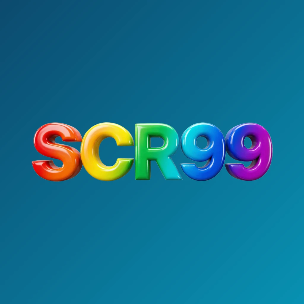 3D SCR99 logo with oversized bold font in a colorful rainbow gradient and glossy plastic texture, featuring strong shadows and highlights on a transparent background, designed as a wide horizontal rectangular wordmark for a website header